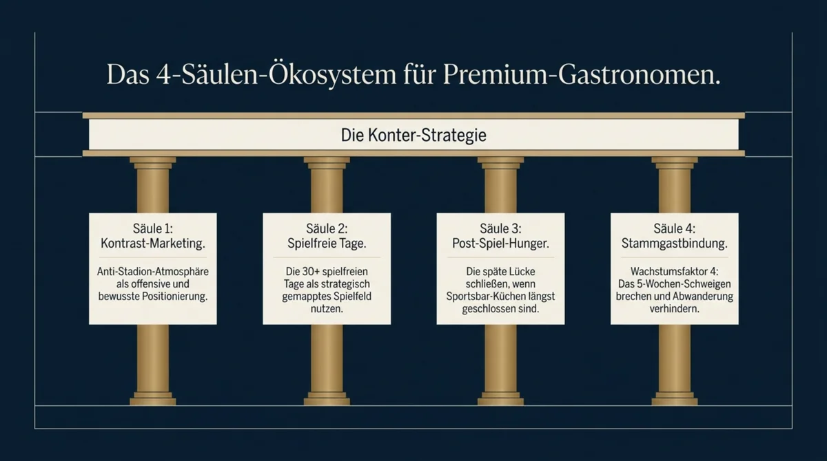 Das 4-Säulen-Ökosystem der Konter-Strategie: Kontrast-Marketing, spielfreie Tage, Post-Spiel-Hunger und Stammgastbindung für Restaurants ohne Public Viewing zur WM 2026