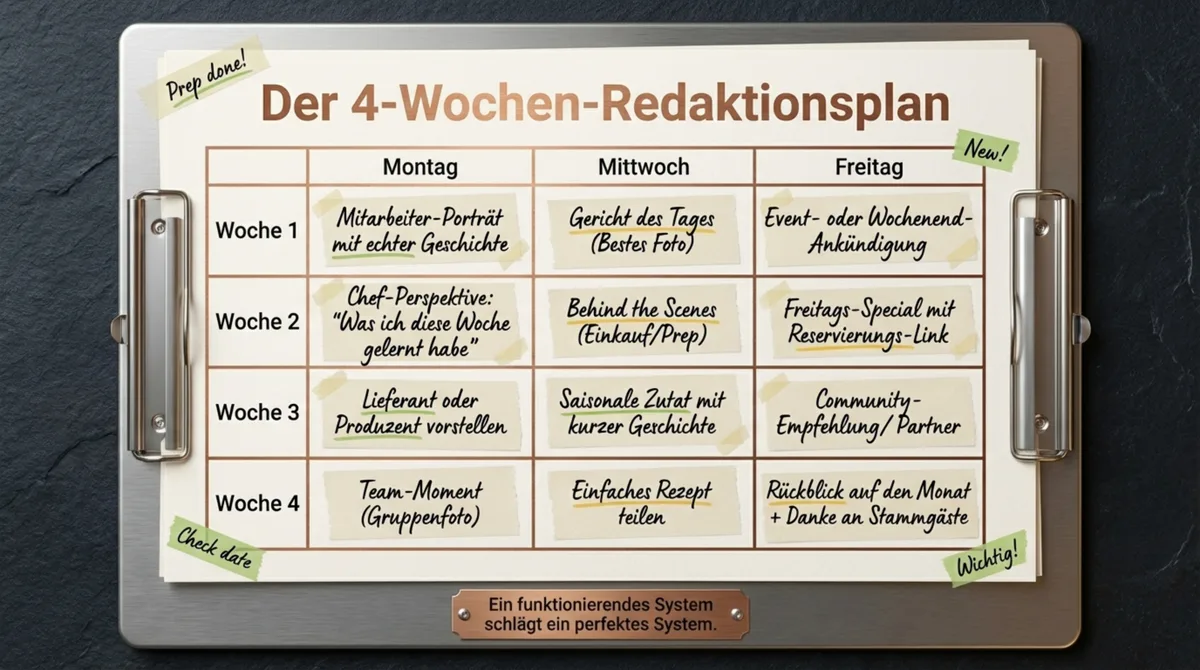 Der 4-Wochen-Redaktionsplan für Restaurants: Montag Menschen, Mittwoch Küche, Freitag Aktion