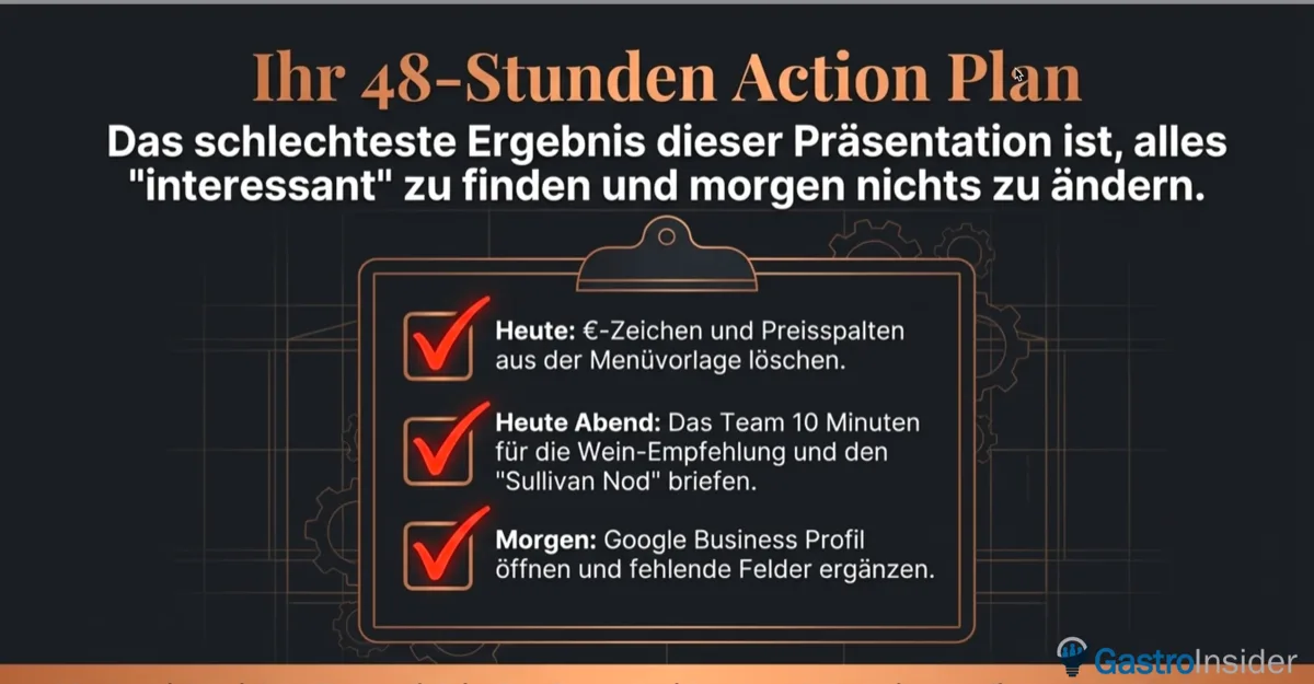 Der 48-Stunden Action Plan: Heute Euro-Zeichen und Preisspalten löschen, heute Abend Team für Wein-Empfehlung briefen, morgen Google Business Profil ergänzen
