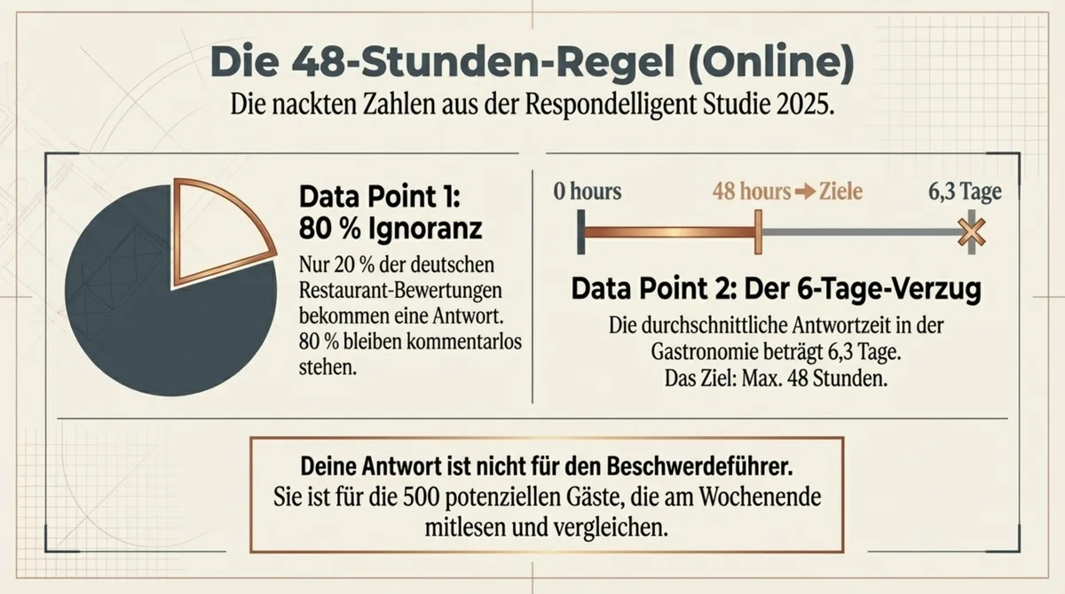 48-Stunden-Regel Online-Bewertungen Restaurant: 80 Prozent der deutschen Restaurants ignorieren Gästefeedback, Antwortzeit 6,3 Tage