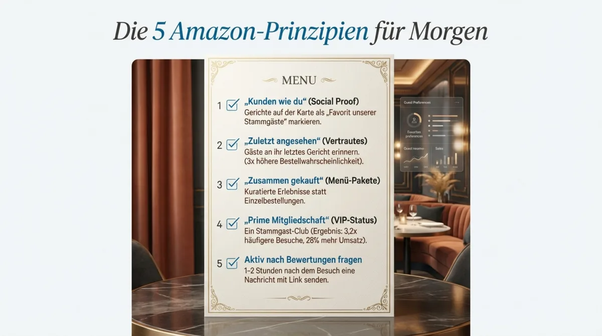 Die 5 Amazon-Prinzipien für Restaurants: Social Proof, Vertrautes, Menü-Pakete, VIP-Status und aktiv Bewertungen sammeln