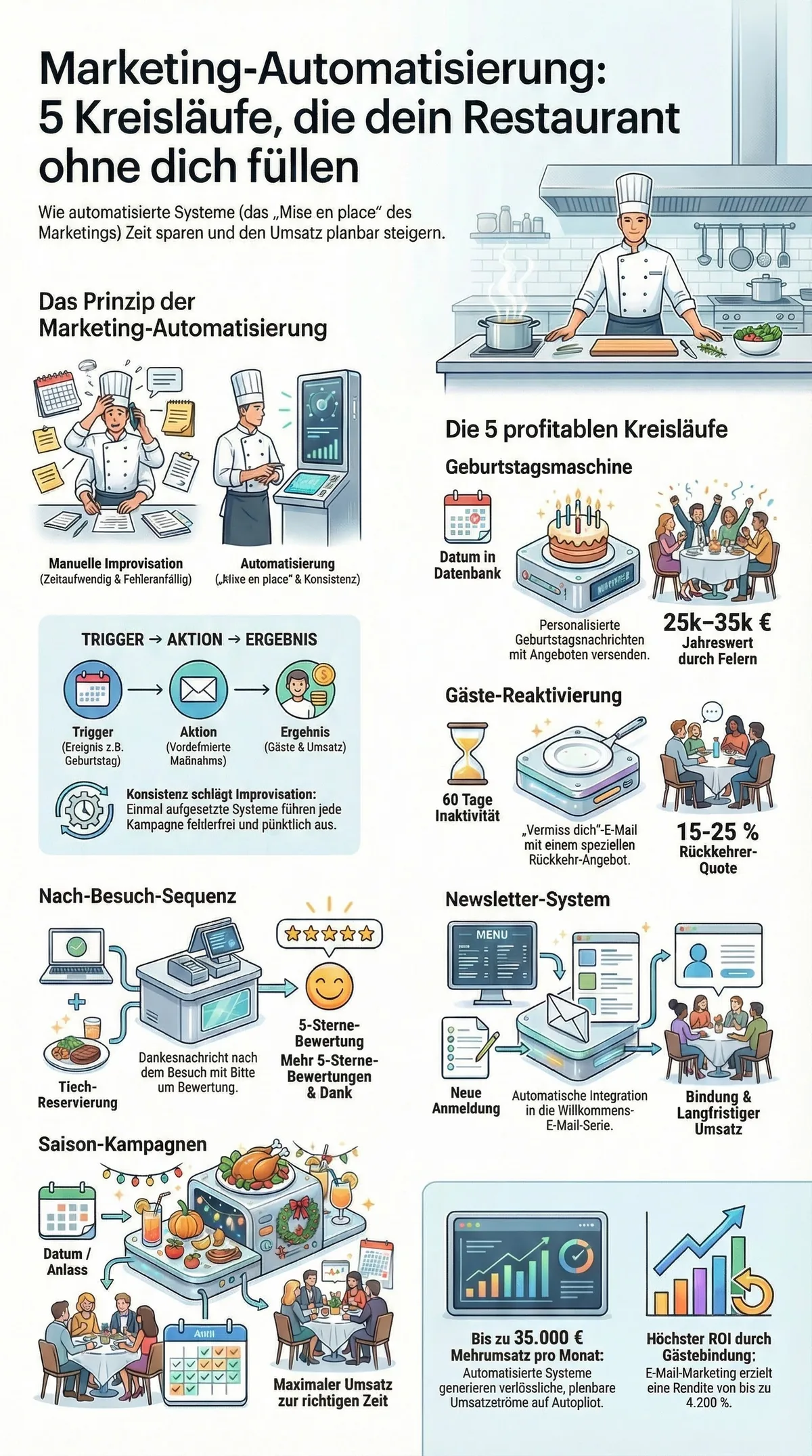 Infografik: 5 Kreisläufe der Marketing-Automatisierung für Restaurants – Geburtstag, Reaktivierung, Nach-Besuch, Newsletter, Saison