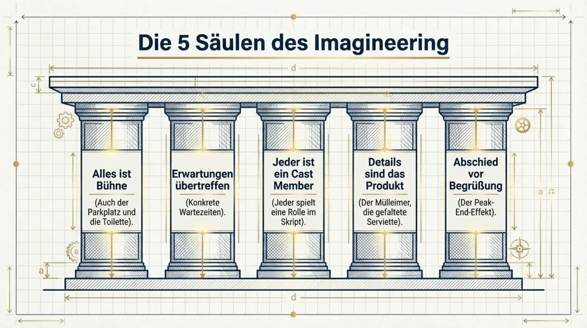 Die 5 Säulen des Imagineering für Restaurants: Alles ist Bühne, Erwartungen übertreffen, Cast Members, Details als Produkt, Abschied vor Begrüßung