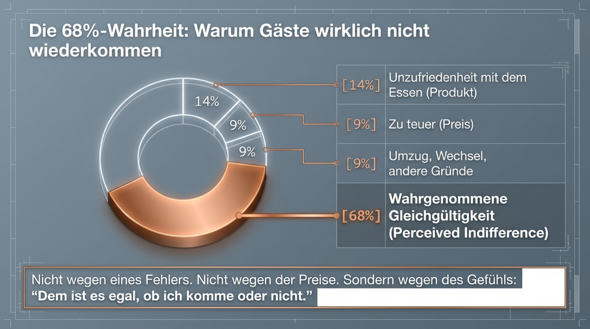 Die 68-Prozent-Wahrheit: 68 Prozent der Gäste kommen nicht wieder wegen wahrgenommener Gleichgültigkeit, nicht wegen dem Essen
