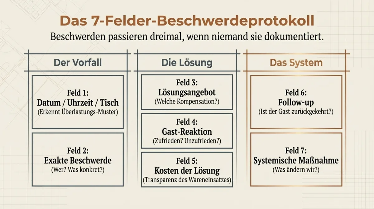 7-Felder-Beschwerdeprotokoll Gastronomie: Dokumentation mit Vorfall, Lösung und systemischer Maßnahme in Feld 7