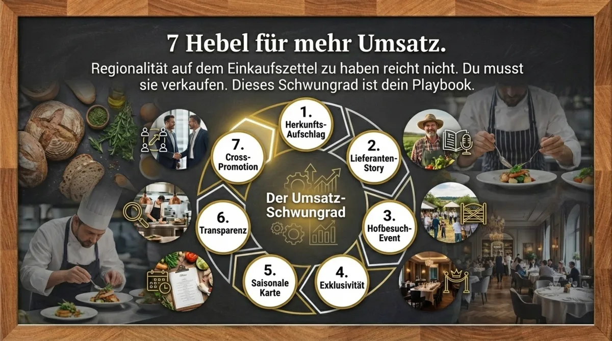 7 Hebel der Regionalität als Umsatz-Schwungrad: Herkunfts-Aufschlag, Lieferanten-Story, Hofbesuch-Event, Exklusivität, saisonale Karte, Transparenz, Cross-Promotion