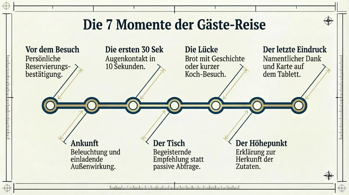 Die 7 Momente der Gäste-Reise als Timeline: Vor dem Besuch, erste 30 Sekunden, Ankunft, Tisch, Lücke, Höhepunkt und letzter Eindruck