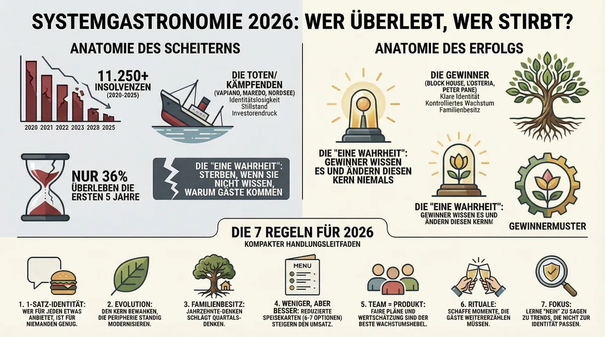 Infografik: Die 7 Regeln für das Überleben in der deutschen Systemgastronomie 2026 – kompakter Handlungsleitfaden