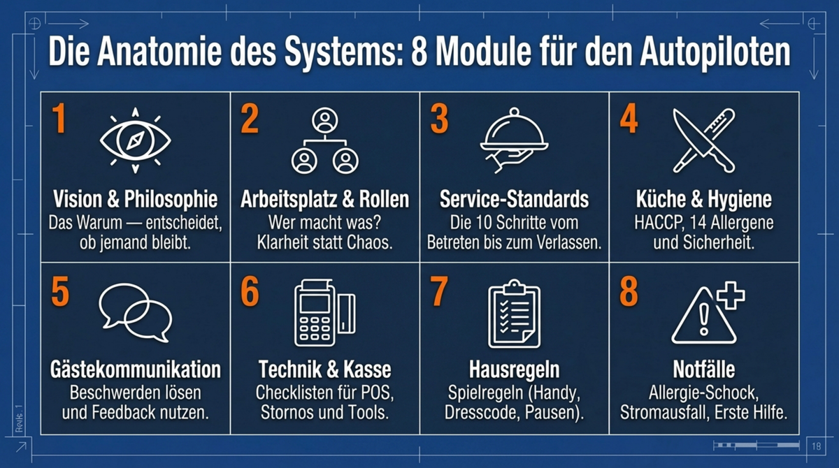 Die 8 Module für den Autopiloten: Vision, Arbeitsplatz, Service-Standards, Hygiene, Gästekommunikation, Technik, Hausregeln, Notfälle