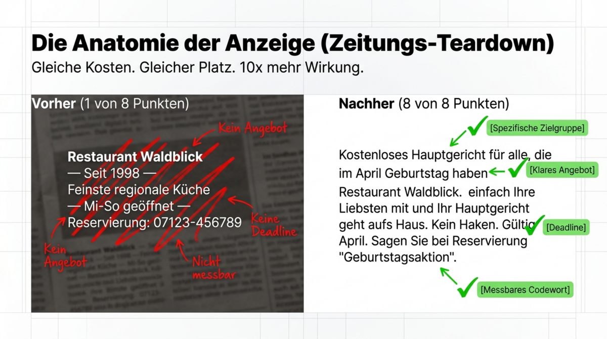 Das Go/No-Go Cockpit: 8-Punkte-Check vor jeder Werbeaktion — klare Zielgruppe, Angebot, Headline, kein Hochglanz, Umgangssprache, CTA, Skepsis, Messbarkeit