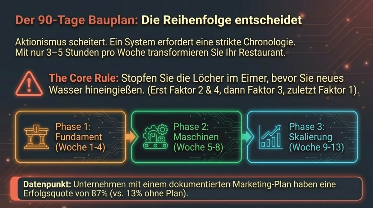 Der 90-Tage Bauplan für Restaurant-Transformation: Phase 1 Fundament, Phase 2 Maschinen starten, Phase 3 Skalierung