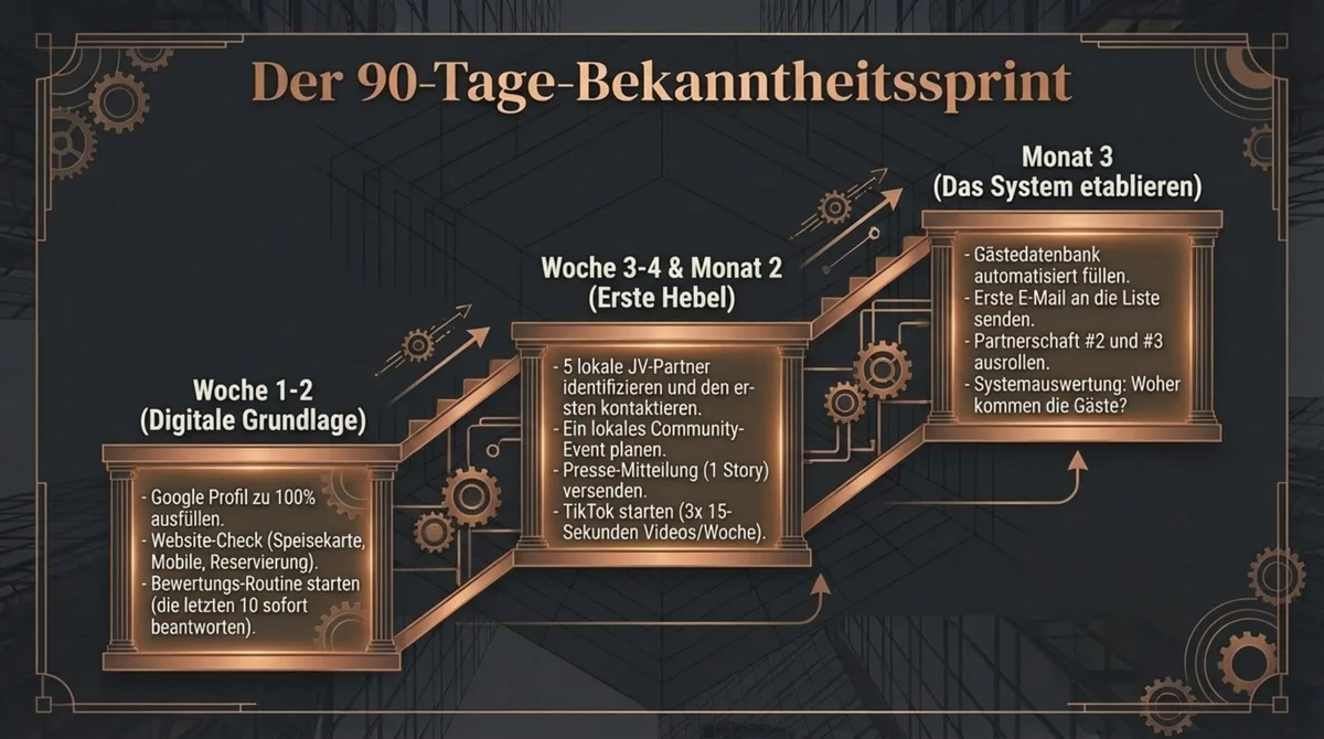 90-Tage-Bekanntheitssprint für Restaurants: 3-Phasen-Fahrplan von digitaler Grundlage über erste Hebel bis zum System
