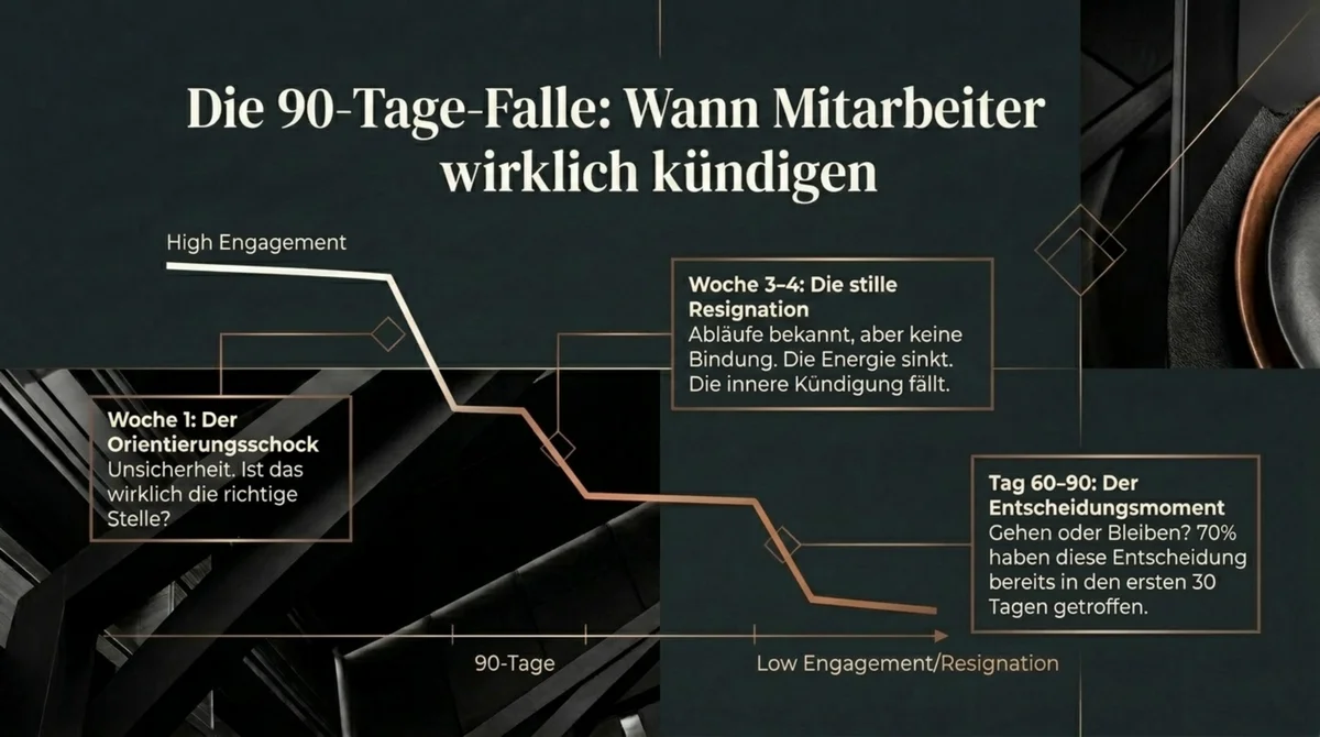 Die 90-Tage-Falle in der Gastronomie – Engagement-Kurve zeigt drei kritische Phasen: Orientierungsschock Woche 1, stille Resignation Woche 3–4, Entscheidungsmoment Tag 60–90