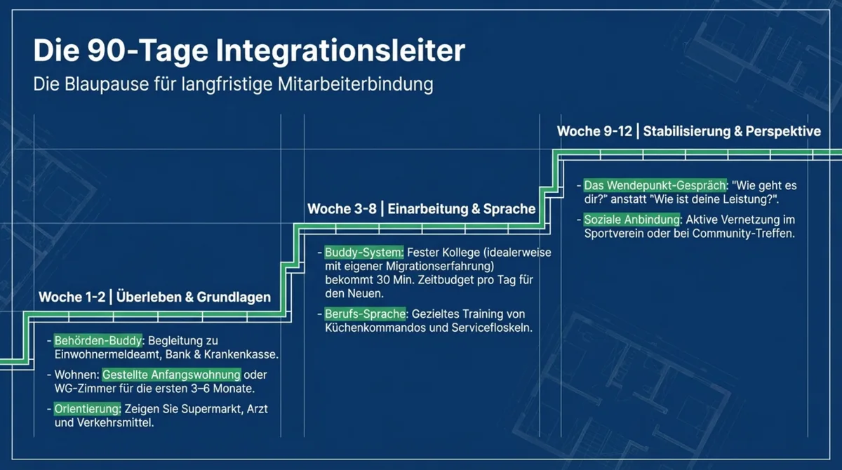 90-Tage-Integrationsplan für ausländische Mitarbeiter in der Gastronomie: Woche 1–2 Überleben, Woche 3–8 Einarbeitung, Woche 9–12 Stabilisierung