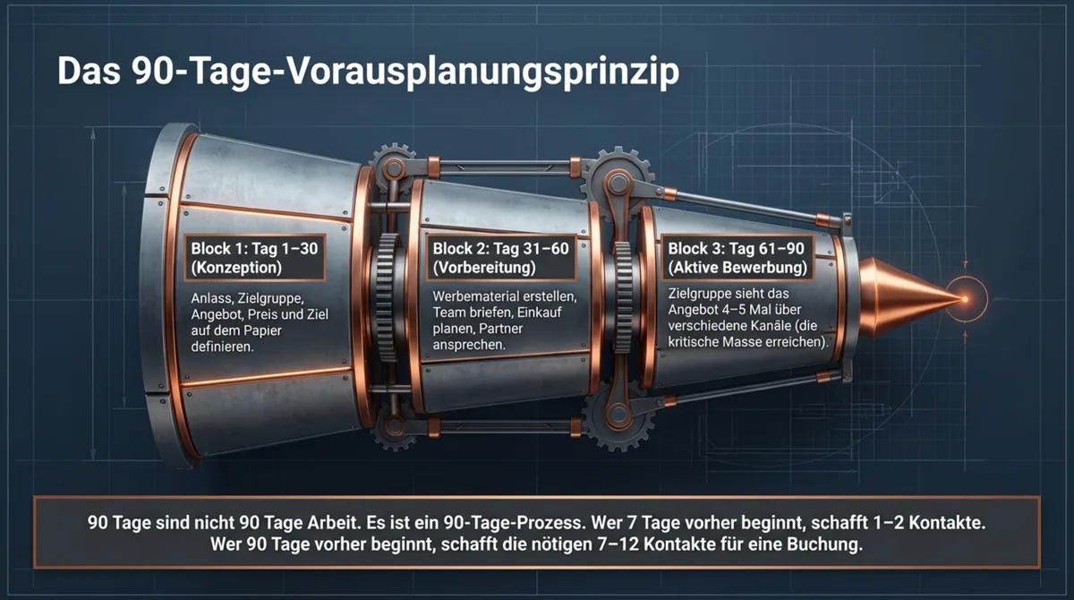 Das 90-Tage-Vorausplanungsprinzip Restaurant mit 3 Phasen: Block 1 Konzeption, Block 2 Vorbereitung, Block 3 Aktive Bewerbung