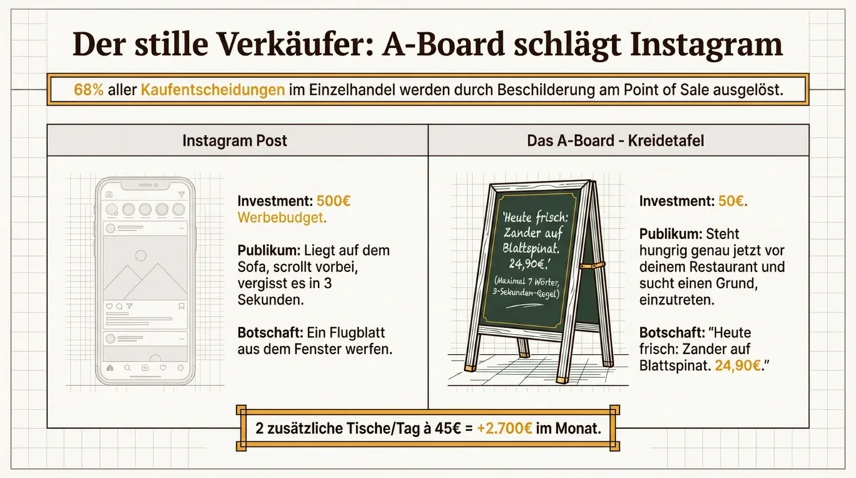 A-Board vor dem Restaurant vs. Instagram-Post – Vergleich Investition und Wirkung am Point of Sale