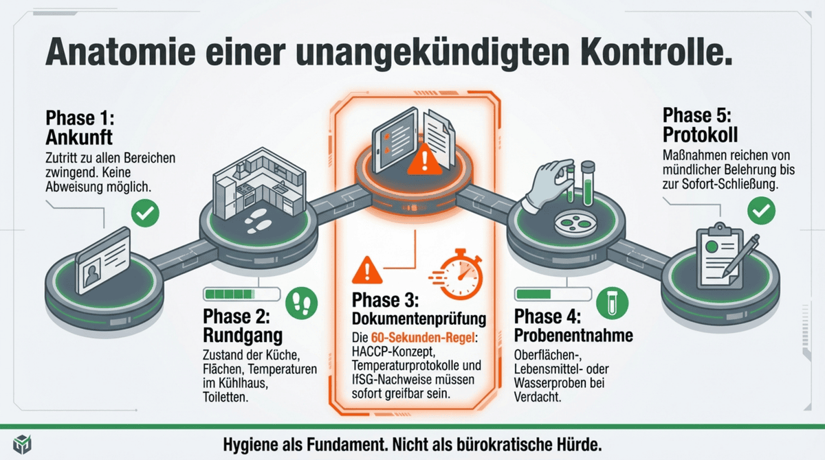 Ablauf einer unangekündigten Lebensmittelkontrolle im Restaurant in 5 Phasen: Ankunft, Rundgang, Dokumentenprüfung mit 60-Sekunden-Regel, Probenentnahme und Protokoll