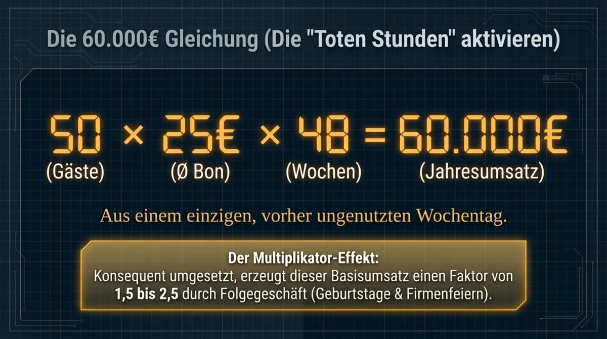 Die 60.000 Euro Gleichung: 50 Gäste mal 25 Euro Bon mal 48 Wochen — aus einem toten Wochentag wird ein Jahresumsatz-Turbo