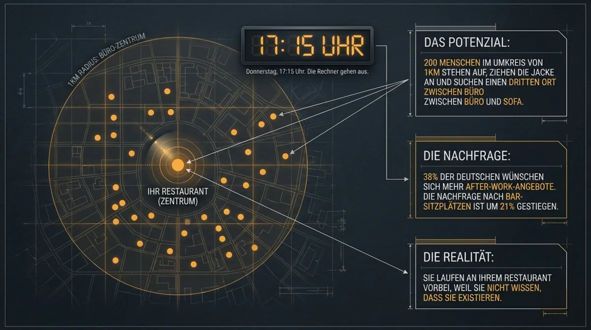 Das After-Work-Potenzial: 17:15 Uhr, 200 Menschen im 1km Radius suchen einen dritten Ort — 38 Prozent wünschen sich mehr Angebote