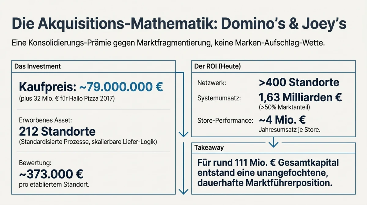 Akquisitions-Mathematik Domino's Joey's: 79 Millionen Euro Kaufpreis, 212 Standorte, 373.000 Euro pro Standort, 1,63 Milliarden Euro Systemumsatz, über 50 Prozent Marktanteil