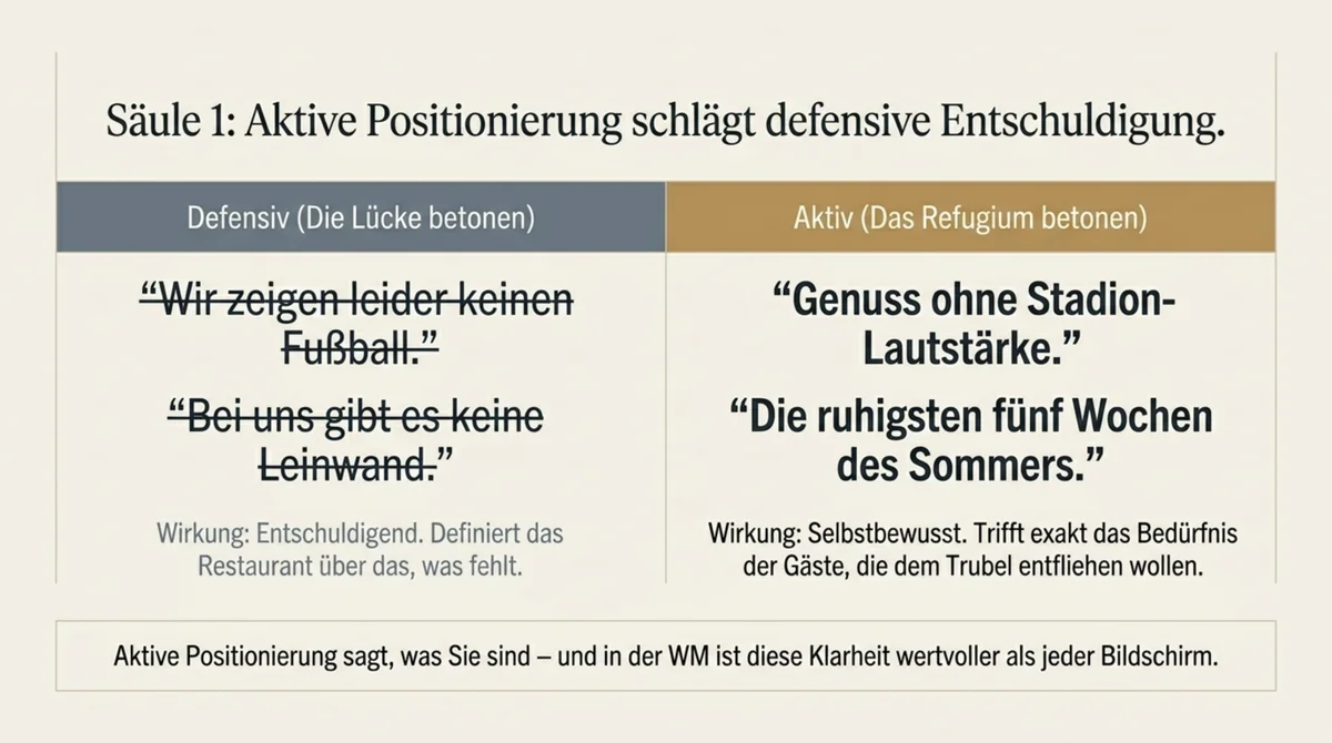 Aktive versus defensive Positionierung zur WM 2026: Defensive Formulierungen vermeiden, stattdessen Genuss ohne Stadion-Lautstärke und die ruhigsten fünf Wochen des Sommers kommunizieren