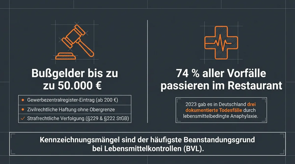 Allergenkennzeichnung Risiko: Bußgelder bis 50.000 Euro, 74 Prozent aller Vorfälle passieren im Restaurant