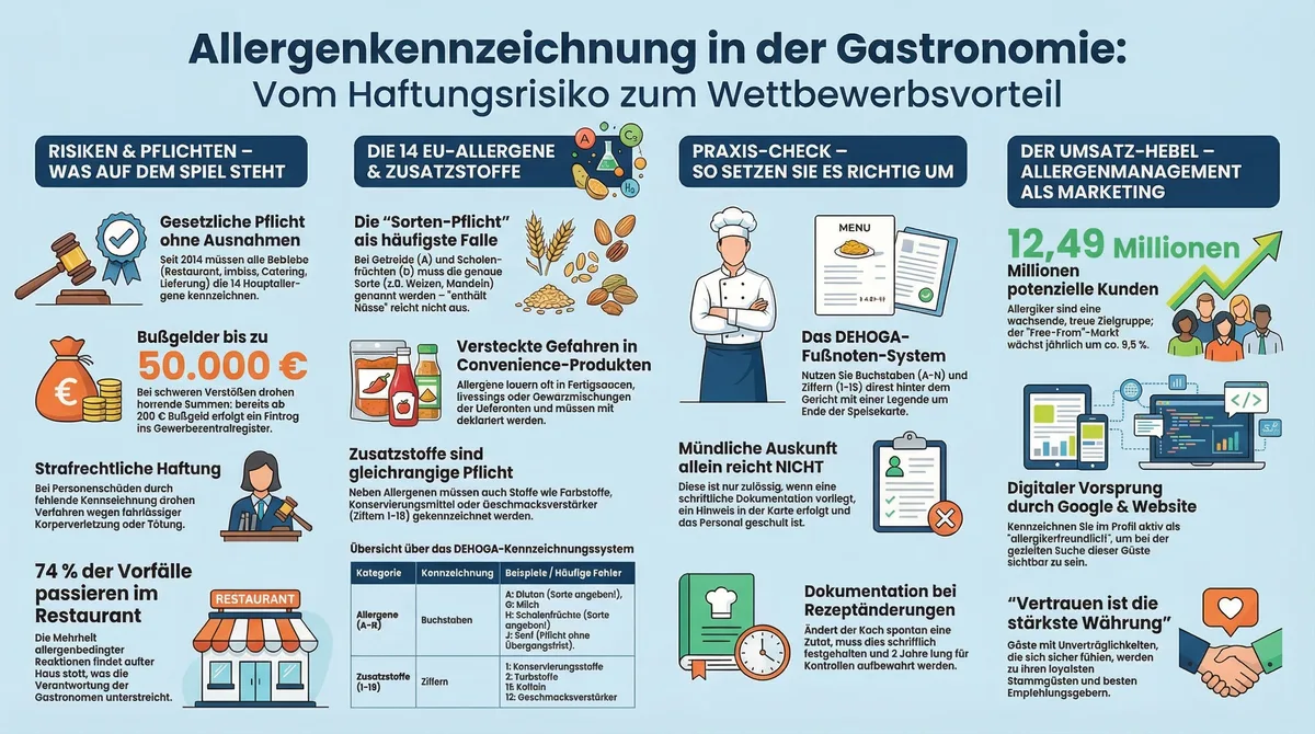 Allergenkennzeichnung in der Gastronomie Infografik: Pflicht und Risiko, 14 EU-Allergene, DEHOGA-System, Praxis-Check und Umsatz-Hebel
