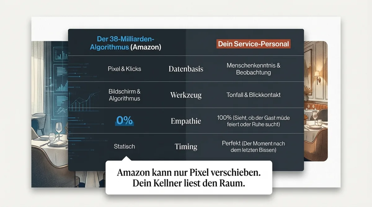 Vergleich Amazon-Algorithmus gegen Service-Personal: Datenbasis, Werkzeug, Empathie und Timing im Restaurant
