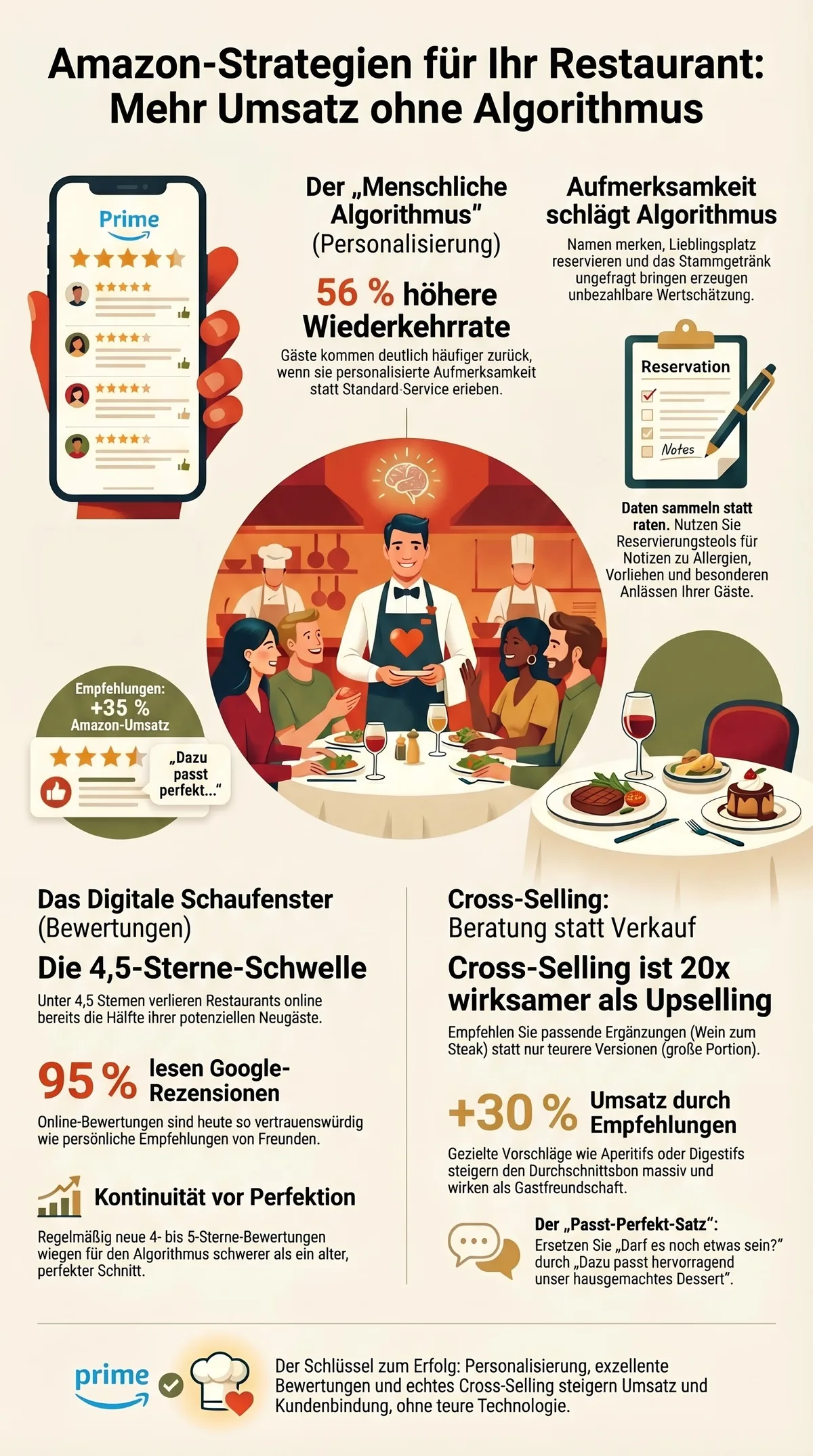 Infografik Amazon-Strategien für Restaurants: Personalisierung, Bewertungen und Cross-Selling für mehr Umsatz ohne Technologie