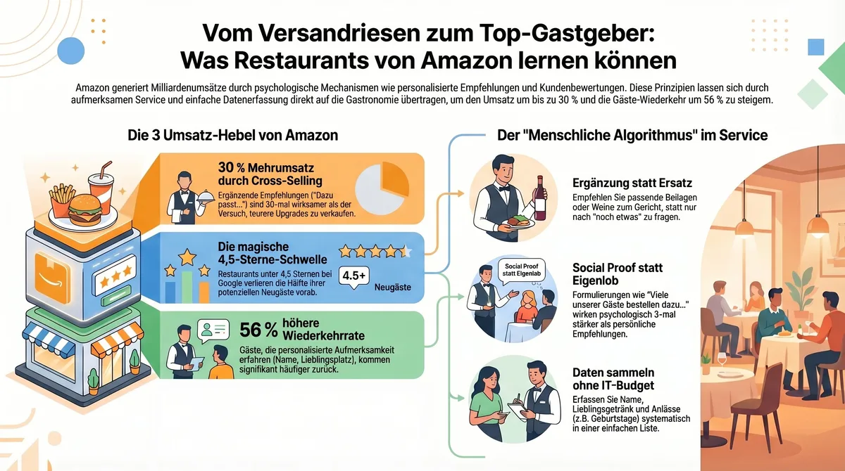 Infografik: Die 3 Umsatz-Hebel von Amazon für Restaurants – Cross-Selling, Bewertungen und Personalisierung