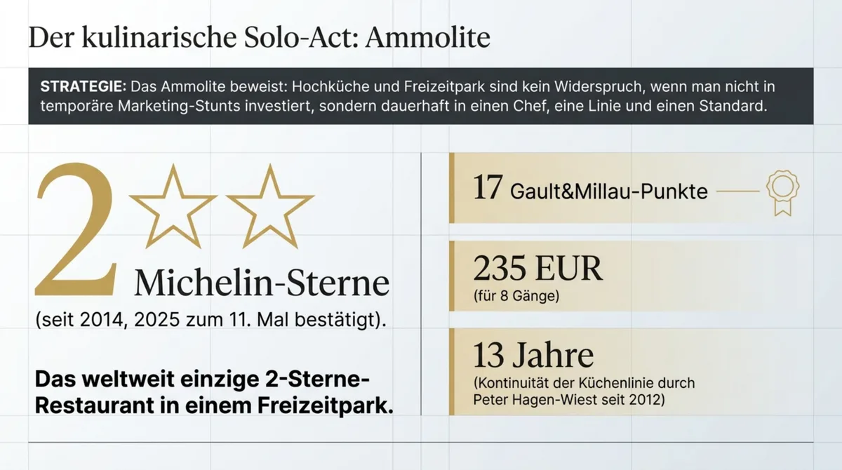 Ammolite Hotel Bell Rock Europa-Park: 2 Michelin-Sterne seit 2014, 235 EUR für 8 Gänge, 17 Gault&Millau-Punkte, Peter Hagen-Wiest seit 13 Jahren