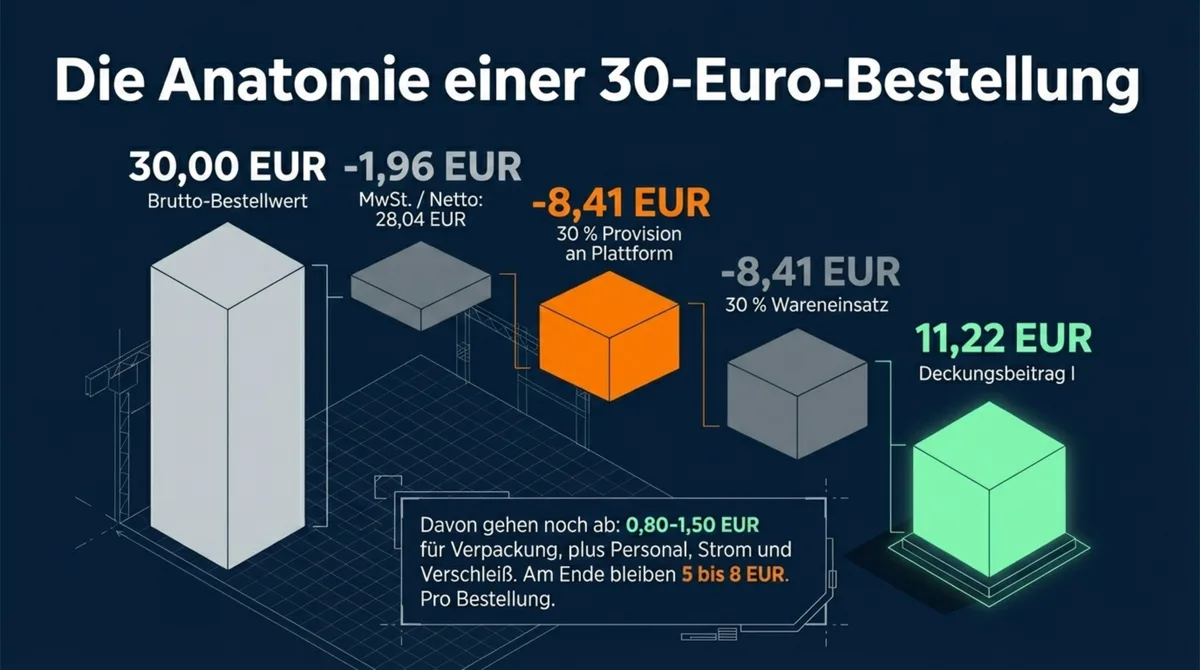 Anatomie einer 30-Euro-Bestellung bei Lieferando: Provision 8,41 EUR, Wareneinsatz 8,41 EUR – Deckungsbeitrag I nur 11,22 EUR