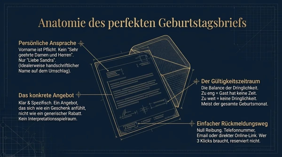 Anatomie des perfekten Geburtstagsbriefs: persönliche Ansprache, konkretes Angebot, Gültigkeitszeitraum, einfacher Rückmeldungsweg