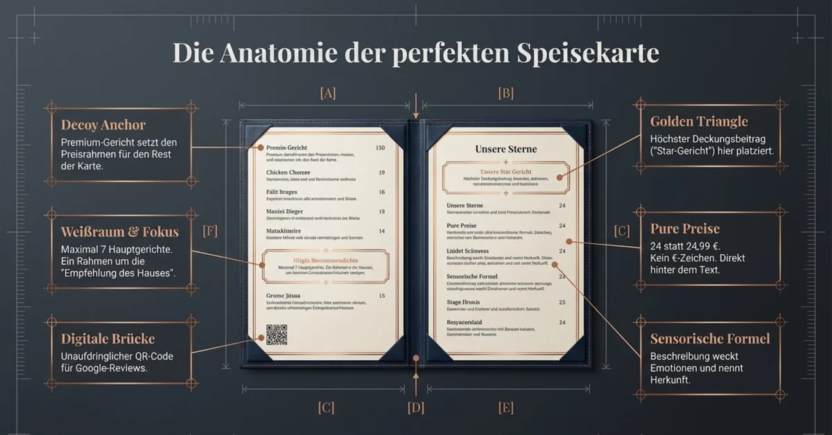 Die Anatomie der perfekten Speisekarte: Decoy Anchor, Golden Triangle, Weißraum und Fokus, sensorische Formeln, integrierte Preise ohne Euro-Zeichen, digitale Brücke via QR-Code