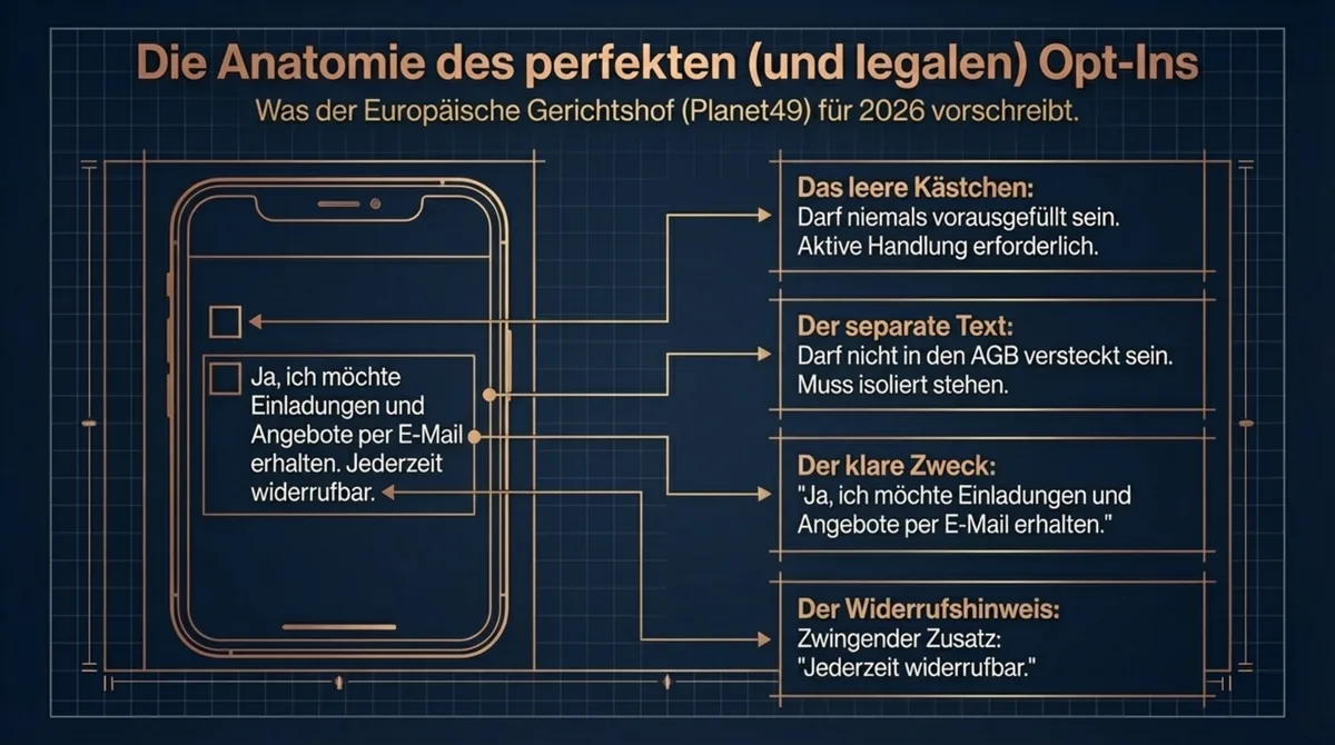 Die Anatomie des perfekten und legalen Opt-Ins: Leeres Kästchen, separater Text, klarer Zweck und Widerrufshinweis nach Planet49-Urteil