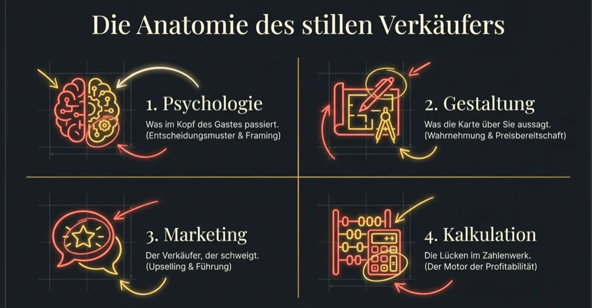 Die Anatomie des stillen Verkäufers: 4 Dimensionen der Speisekarte — Psychologie, Gestaltung, Marketing und Kalkulation