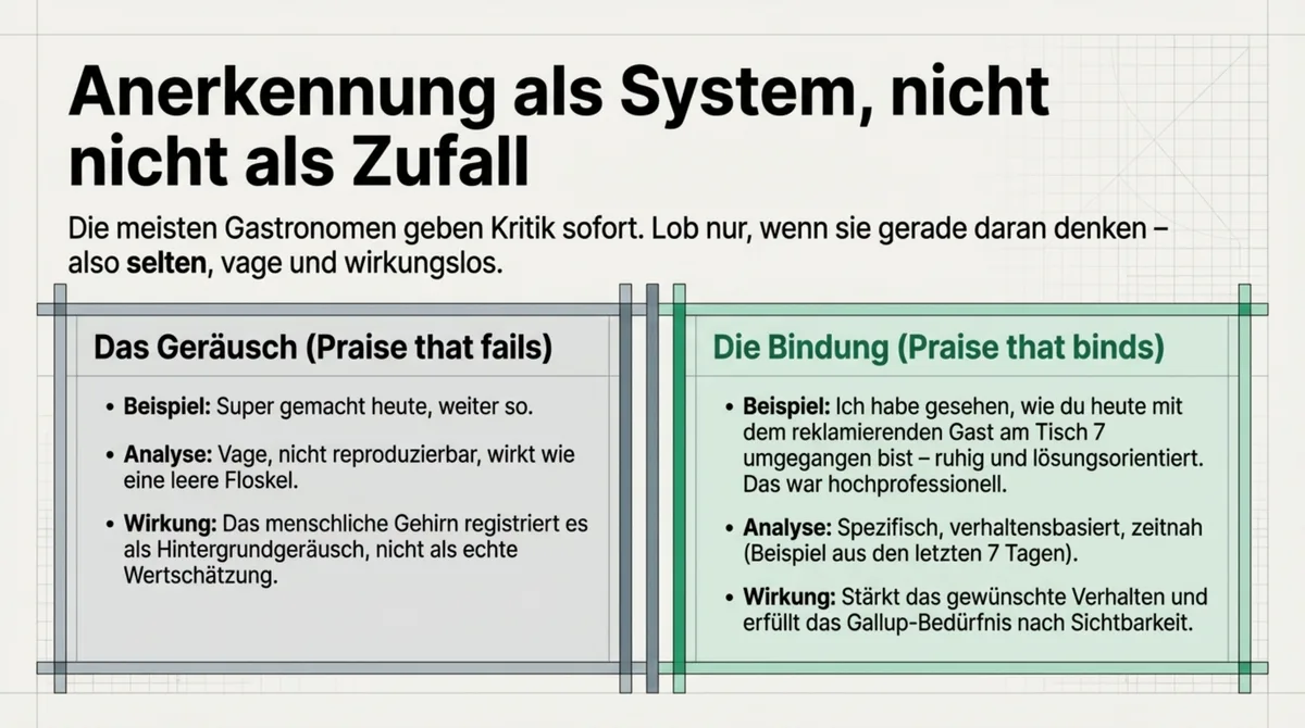 Anerkennung als System vs. Zufall im Restaurant: Vages Lob verpufft, konkretes verhaltensbasiertes Feedback bindet