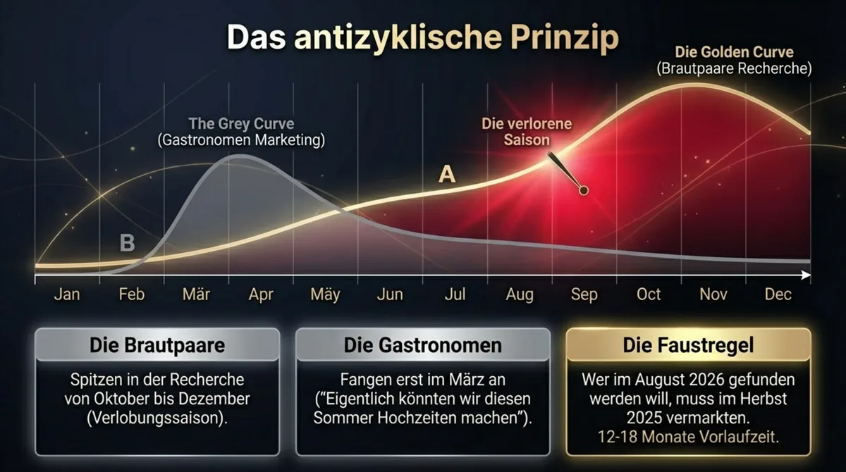 Antizyklisches Hochzeitsmarketing: Brautpaare recherchieren Oktober bis Dezember, Gastronomen starten erst im März – die verlorene Saison