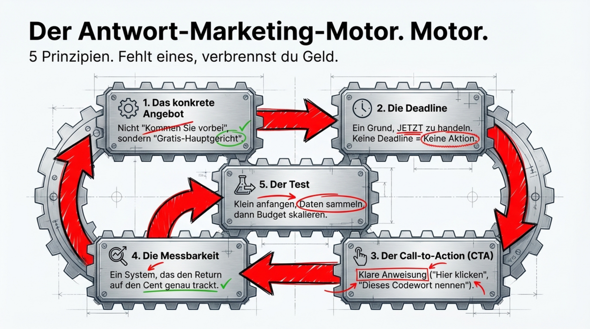 Der Antwort-Marketing-Motor: 5 Prinzipien — konkretes Angebot, Deadline, Call-to-Action, Messbarkeit und Test
