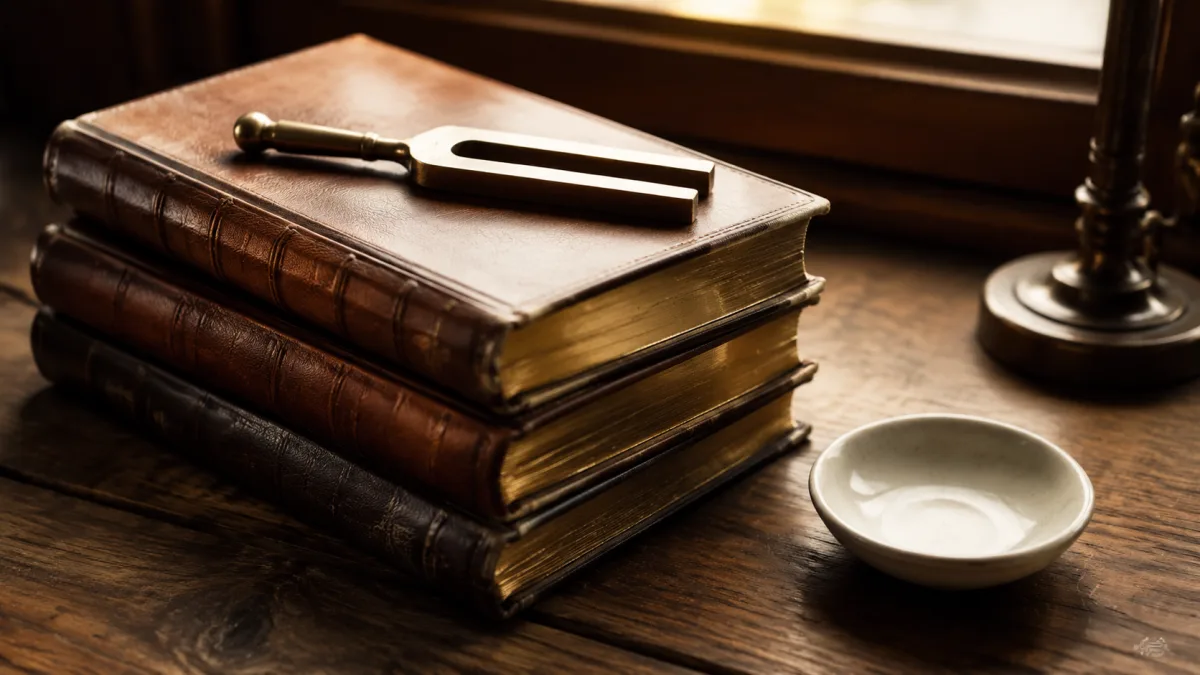 Gestapelte Lederbücher mit goldenem Schnitt und Messing-Stimmgabel als Anker für häufig gestellte Fragen zum Arbeitsvertrag