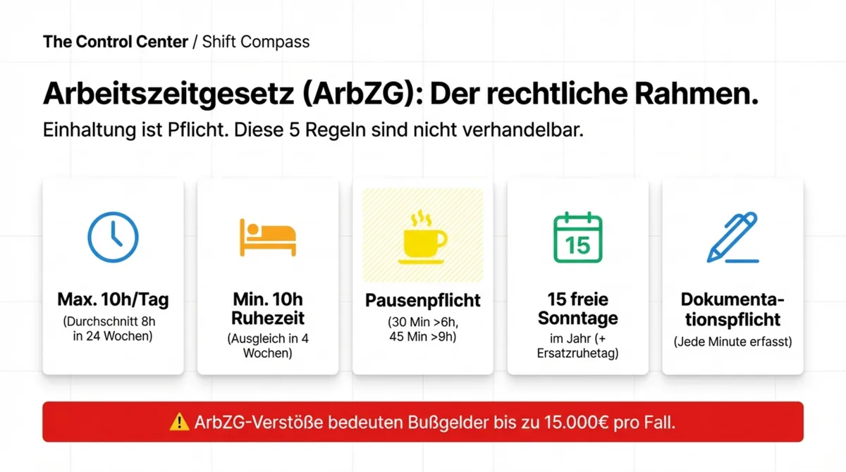 Arbeitszeitgesetz ArbZG: Die 5 nicht verhandelbaren Regeln — max. 10h pro Tag, min. 10h Ruhezeit, Pausenpflicht, 15 freie Sonntage, Dokumentationspflicht