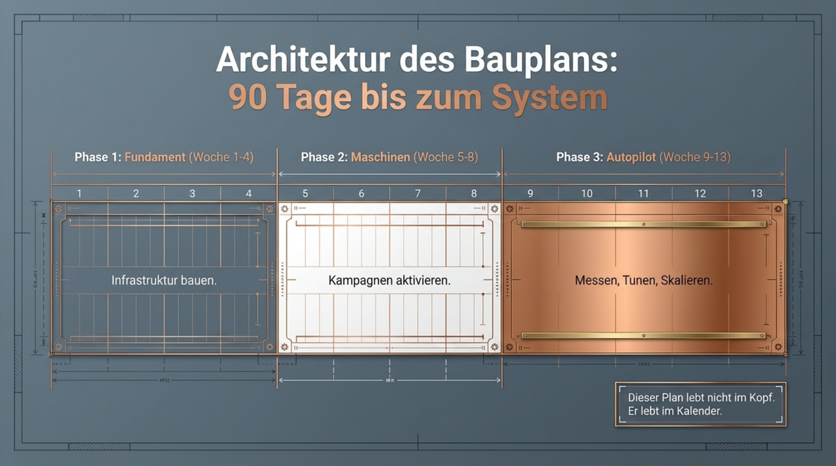 Architektur des Bauplans: Phase 1 Fundament Woche 1-4, Phase 2 Maschinen Woche 5-8, Phase 3 Autopilot Woche 9-13
