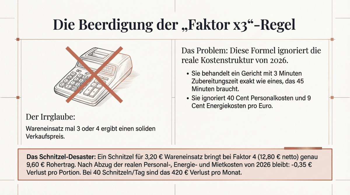 Beerdigung der Faktor-x3-Regel: Die Aufschlagskalkulation ignoriert 40 Cent Personalkosten und 9 Cent Energiekosten pro Euro und führt beim Schnitzel-Beispiel zu minus 0,35 Euro Verlust pro Portion