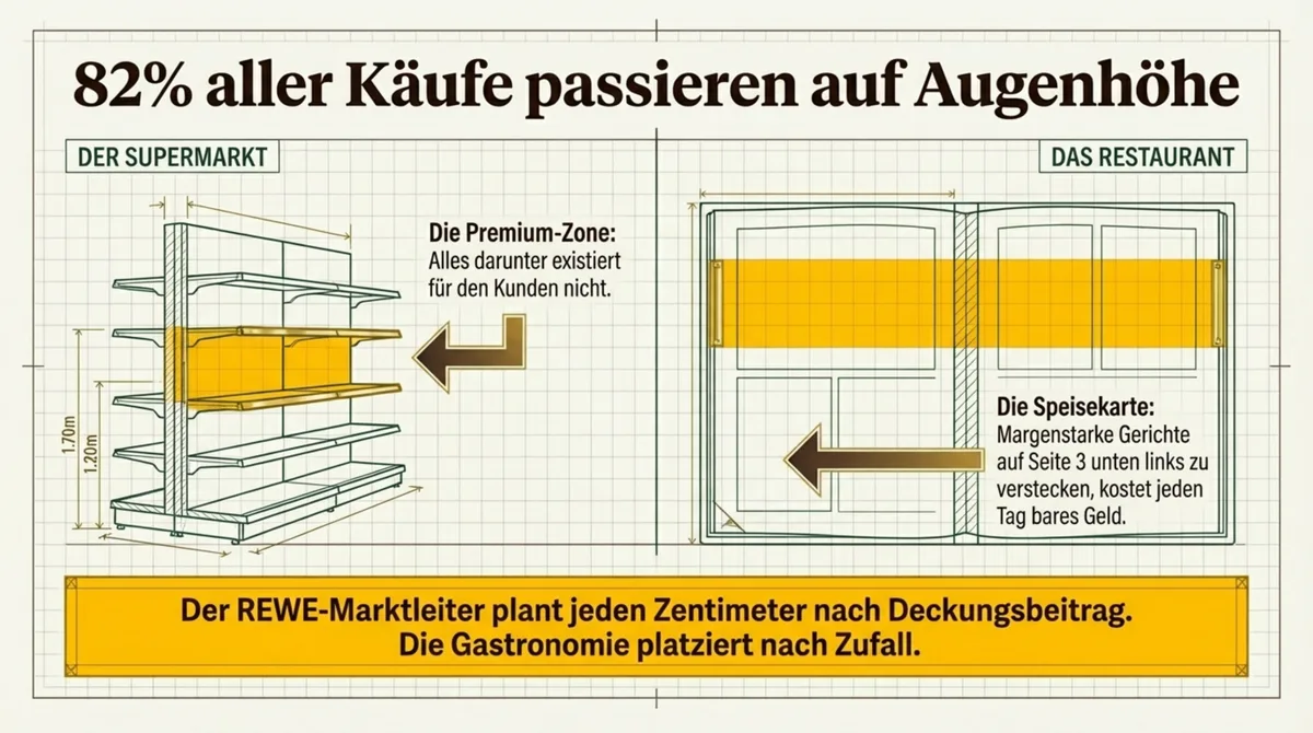 82 Prozent aller Käufe im Supermarkt passieren auf Augenhöhe – Vergleich Regal und Speisekarte