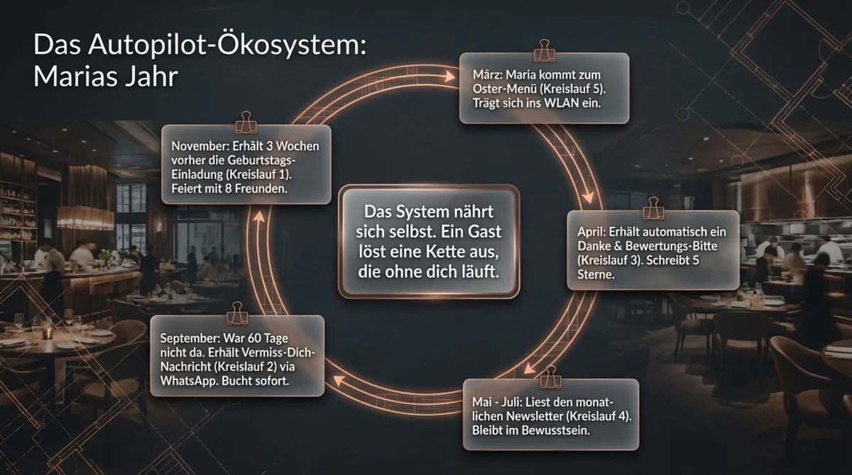 Das Autopilot-Ökosystem: Wie ein Restaurant, das ganze Jahr über automatisiert Gäste gewinnt – Marias 12-Monate-Jahresplan