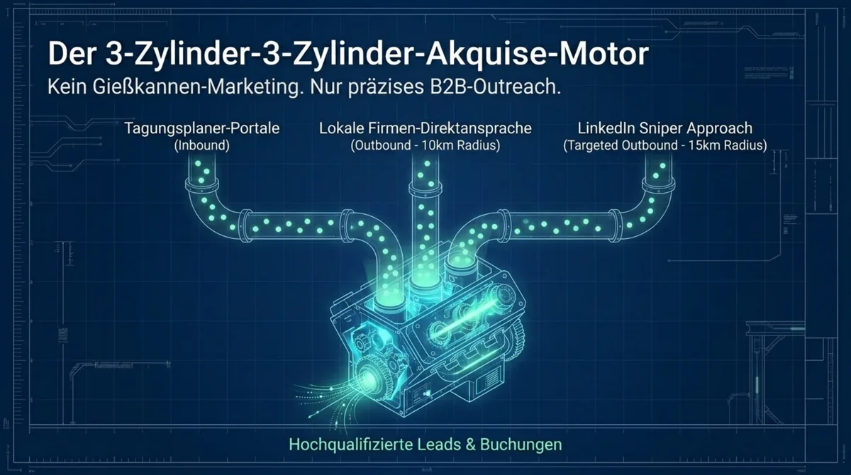 B2B-Akquise drei Kanäle: Tagungsplaner-Portale Inbound, lokale Direktansprache 10-km-Radius, LinkedIn Targeted Outbound