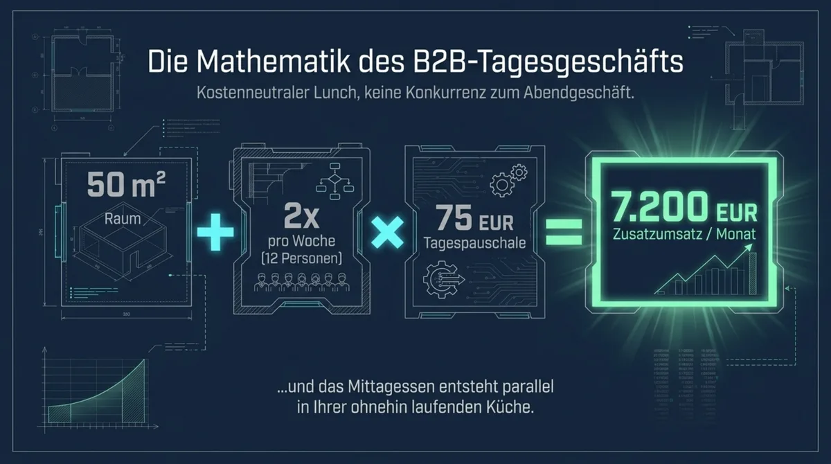 B2B-Tagesumsatz Rechnung Restaurant: 50 qm Raum, 2x pro Woche, 12 Personen, 75 EUR Tagespauschale ergibt 7.200 EUR Zusatzumsatz pro Monat