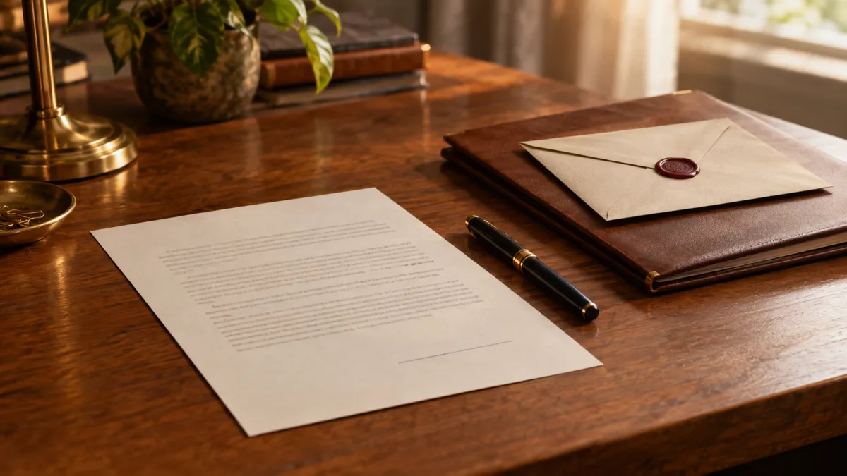 Ungeöffneter Brief neben unsigniertem Vertrag und Füller, erst Informationsschreiben, dann Unterschrift