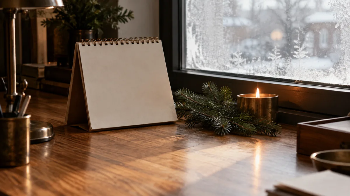 Winterliches Restaurantbüro mit leerem Wandkalender, Antragsfrist zum Jahresende 2026