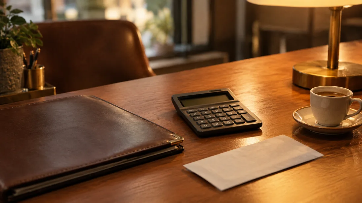 Rechnungsmappe und Taschenrechner auf dem Schreibtisch, Kosten einer geförderten Beratung im Restaurant